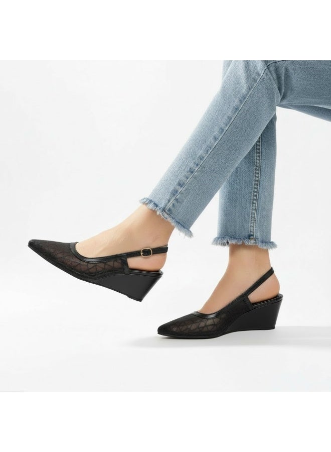 لايف ستيلاش  أحذية ويدج قماش مع جلد W-310 - أسود - Image 1